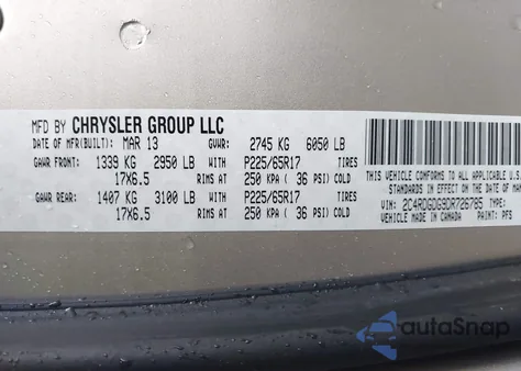 2013 Dodge Grand Caravan Crew z USA, uszkodzony, nr VIN 2C4RDGDG9DR726785